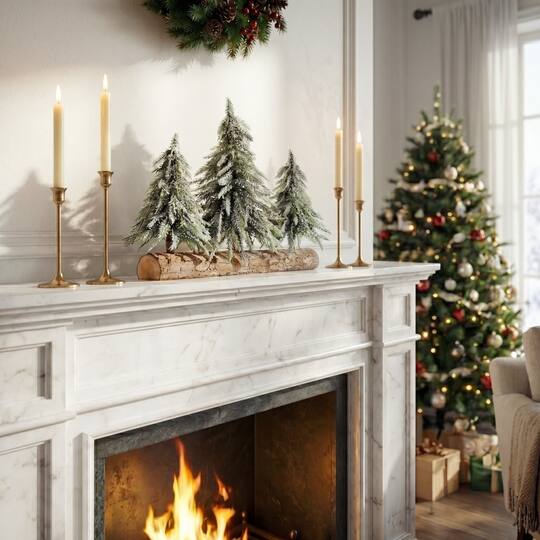 Nearly Natural 11" Unlit Artificial Snowed Downswept Christmas Tree Trio in Rustic Wooden Log Base